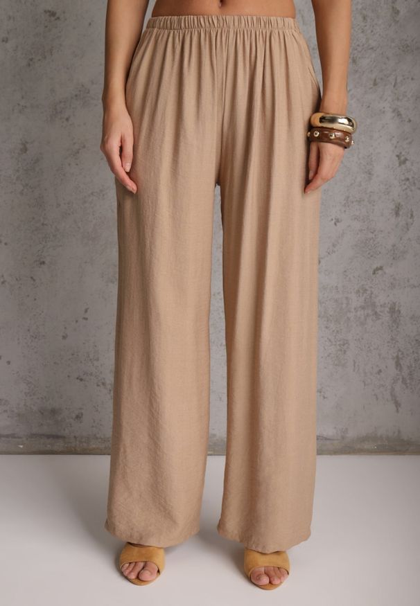 Renee - Beżowy Komplet z Wiskozy Spodnie Wide Leg i Bluzka ze Ściągaczem w Talii Daemnell. Kolor: beżowy. Materiał: wiskoza