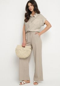Born2be - Beżowe Szerokie Spodnie z Lnem z Gumką w Talii i Kieszeniami Filisela. Okazja: na co dzień, do pracy. Kolor: beżowy. Materiał: len. Styl: elegancki, casual #6