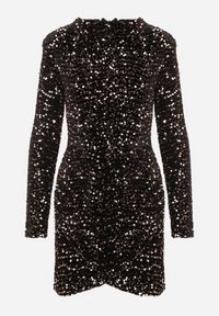 Born2be - Złoto-Czarna Cekinowa Koktajlowa Sukienka z Usztywnianymi Ramionami Bonida. Kolor: złoty. Długość rękawa: długi rękaw. Wzór: aplikacja. Styl: wizytowy #4