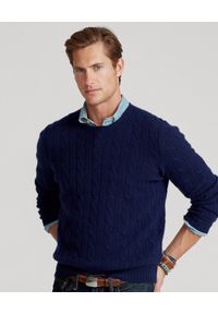 Ralph Lauren - RALPH LAUREN - Granatowy sweter z kaszmiru. Typ kołnierza: polo. Kolor: niebieski. Materiał: kaszmir. Wzór: ze splotem