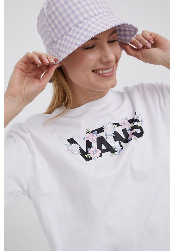 Vans t-shirt bawełniany kolor biały. Okazja: na co dzień. Kolor: biały. Materiał: bawełna. Wzór: nadruk. Styl: casual