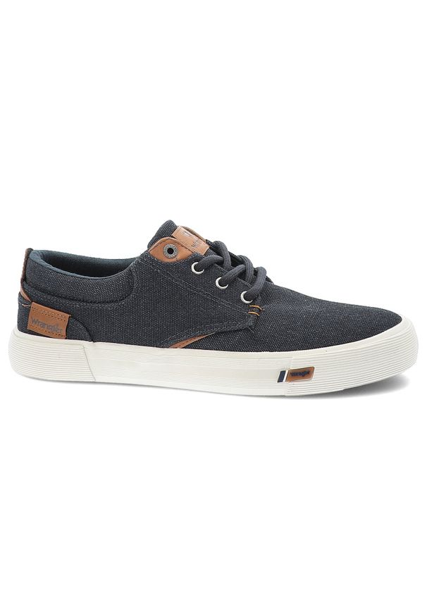 Granatowe Trampki Wrangler Stylowe Obuwie Męskie. Okazja: na co dzień. Zapięcie: sznurówki. Kolor: niebieski. Materiał: materiał, skóra, denim, guma. Szerokość cholewki: normalna. Styl: elegancki