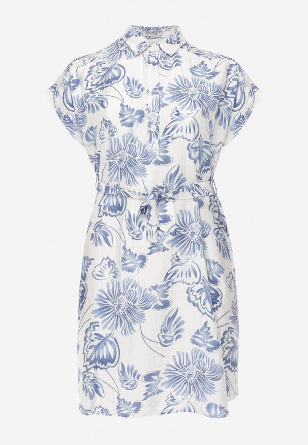Born2be - Niebieska Wiskozowa Sukienka Koszulowa z Paskiem w Talii w Kwiatowy Wzór Olivis. Kolekcja: plus size. Kolor: niebieski. Materiał: wiskoza. Wzór: kwiaty. Typ sukienki: koszulowe. Styl: elegancki
