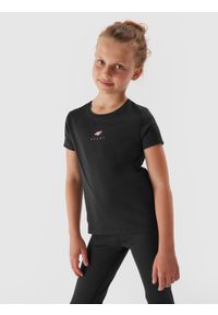 4f - Koszulka sportowa szybkoschnąca dziewczęca. Kolor: czarny. Materiał: włókno, skóra. Wzór: nadruk. Styl: sportowy #1