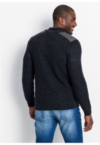 Sweter ze stójką i wstawkami z tkaniny bonprix antracytowy melanż. Typ kołnierza: kołnierzyk stójkowy. Kolor: szary. Materiał: tkanina, materiał, akryl. Wzór: melanż #2