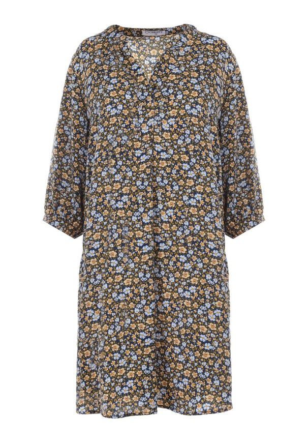 Born2be - Granatowa Sukienka Dardogeus. Kolekcja: plus size. Kolor: niebieski. Materiał: tkanina. Wzór: aplikacja, kwiaty, kolorowy. Typ sukienki: dla puszystych. Styl: klasyczny. Długość: midi