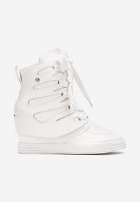 Born2be - Białe Sneakersy na Ukrytym Koturnie z Szerokim Wiązaniem Judella. Nosek buta: okrągły. Zapięcie: sznurówki. Kolor: biały. Materiał: materiał. Sezon: jesień, zima. Obcas: na koturnie. Wysokość obcasa: średni #4