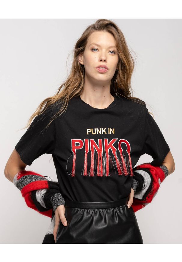 Pinko - PINKO - Czarny t-shirt z haftem i frędzlami. Kolor: czarny. Wzór: haft