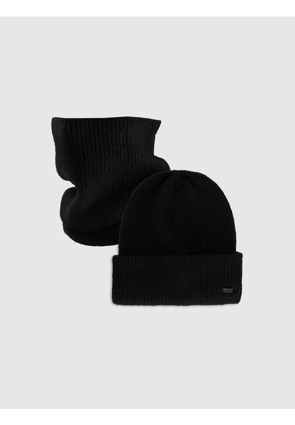 4f - 4F Komplet zimowy czapka i komin uniseks - czarny S. Okazja: na co dzień. Kolor: czarny. Materiał: wełna, syntetyk, materiał. Sezon: zima. Styl: casual