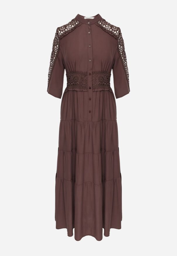 Renee - Brązowa Boho Sukienka z Wiskozą o Rozkloszowanym Kroju z Ażurowymi Wstawkami Idacea. Kolor: brązowy. Materiał: wiskoza. Wzór: ażurowy. Typ sukienki: rozkloszowane. Styl: boho. Długość: maxi