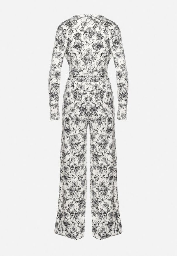 Born2be - Biało-Czarny Kombinezon z Długimi Nogawkami i Kopertowym Dekoltem w Kwiaty Alanessa. Kolor: biały. Długość: długie. Wzór: kwiaty. Styl: elegancki