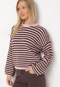 Born2be - Różowy Sweter Oversize w Paski z Dodatkiem Wełny i Wiskozy Tianalla. Kolor: różowy. Materiał: wiskoza, wełna. Wzór: paski. Styl: elegancki #7