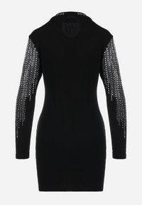 Born2be - Czarno-Srebrna Dopasowana Sukienka Mini w Cyrkonie Faola. Kolor: czarny. Wzór: aplikacja. Długość: mini #6
