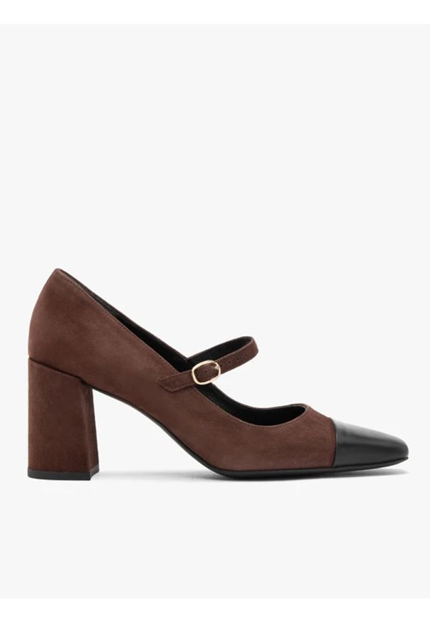 Ryłko - Brązowe czółenka damskie z kwadratowym noskiem. Zapięcie: pasek. Kolor: brązowy. Materiał: skóra, welur. Obcas: na obcasie. Styl: street. Wysokość obcasa: średni