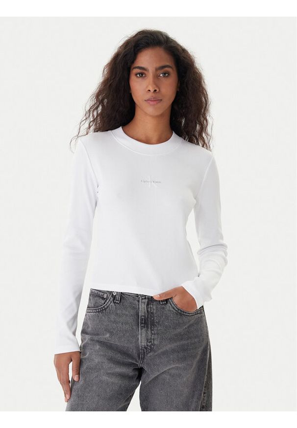 Calvin Klein Jeans Bluzka Monogram LV047A803G Biały Slim Fit. Kolor: biały. Materiał: bawełna