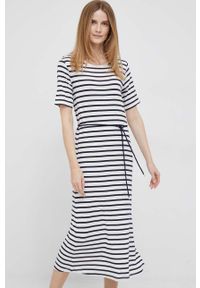 TOMMY HILFIGER - Tommy Hilfiger sukienka kolor beżowy midi prosta. Okazja: na co dzień. Kolor: beżowy. Materiał: materiał. Długość rękawa: krótki rękaw. Typ sukienki: proste. Styl: casual. Długość: midi #5