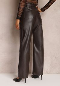 Renee - Ciemnobrązowe Spodnie z Imitacji Skóry Szerokie Narash. Kolor: brązowy. Materiał: skóra. Długość: długie. Wzór: aplikacja
