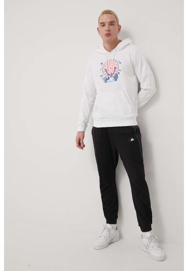 adidas Performance bluza HG0724 męska kolor biały z kapturem z nadrukiem. Typ kołnierza: kaptur. Kolor: biały. Materiał: bawełna. Wzór: nadruk