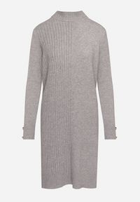 Born2be - Jasnoszara Sweterkowa Sukienka z Modalem i Wiskozą Ozdobiona Guzikami Hesalttia. Okazja: na co dzień. Kolor: szary. Materiał: wiskoza. Długość rękawa: długi rękaw. Wzór: aplikacja. Typ sukienki: proste. Styl: casual, elegancki #4