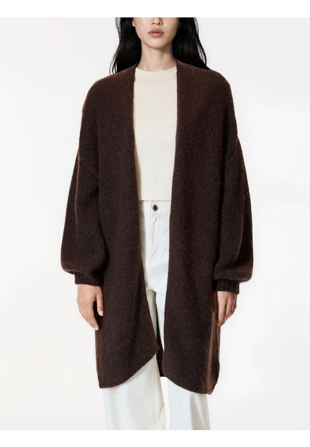 Reserved - Długi kardigan - ciemnobrązowy. Kolor: brązowy. Materiał: dzianina. Długość: długie