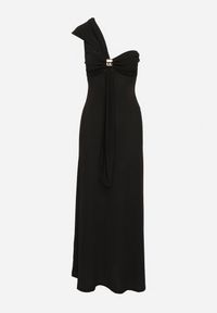 Born2be - Czarna Koktajlowa Taliowana Sukienka na Jedno Ramię z Metaliczną Ozdobą Divalline. Okazja: na imprezę. Kolor: czarny. Wzór: aplikacja. Typ sukienki: asymetryczne. Styl: wizytowy #3