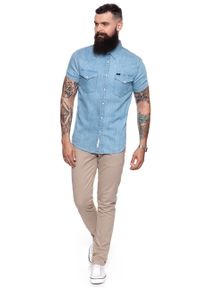 Lee - KOSZULA MĘSKA KRÓTKI RĘKAW LEE WESTERN SHIRT BLUE BOOK L640MYCI. Okazja: na co dzień. Kolor: niebieski. Materiał: jeans. Długość rękawa: krótki rękaw. Długość: krótkie. Styl: casual #5