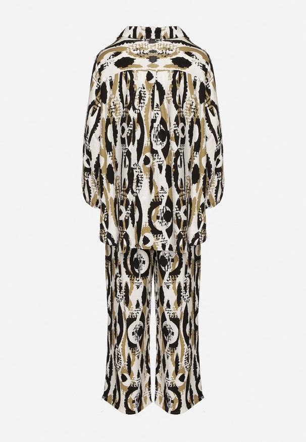 Born2be - Czarno-Beżowy Komplet z Wiskozą w Abstrakcyjny Wzór Koszulowa Bluzka i Spodnie Sarivone. Kolor: czarny. Materiał: wiskoza