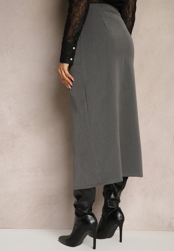 Renee - Szara Spódnica Ołówkowa z Wiskozą High Waist z Rozcięciem Semivinia. Okazja: na co dzień. Stan: podwyższony. Kolor: szary. Materiał: wiskoza. Styl: wizytowy, elegancki, casual