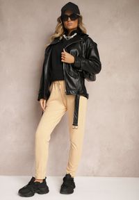 Renee - Beżowe Casualowe Spodnie z Bawełny High Waist z Gumką w Pasie Beliefra. Okazja: na co dzień. Stan: podwyższony. Kolor: beżowy. Materiał: bawełna. Styl: casual #4