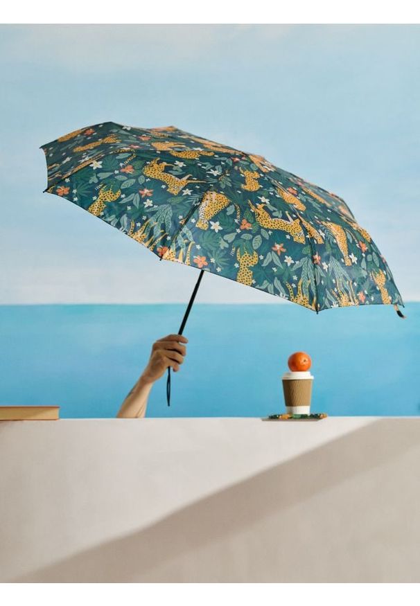 Sinsay - Parasol automatyczny z motywem panter - zielony. Kolor: zielony. Wzór: motyw zwierzęcy