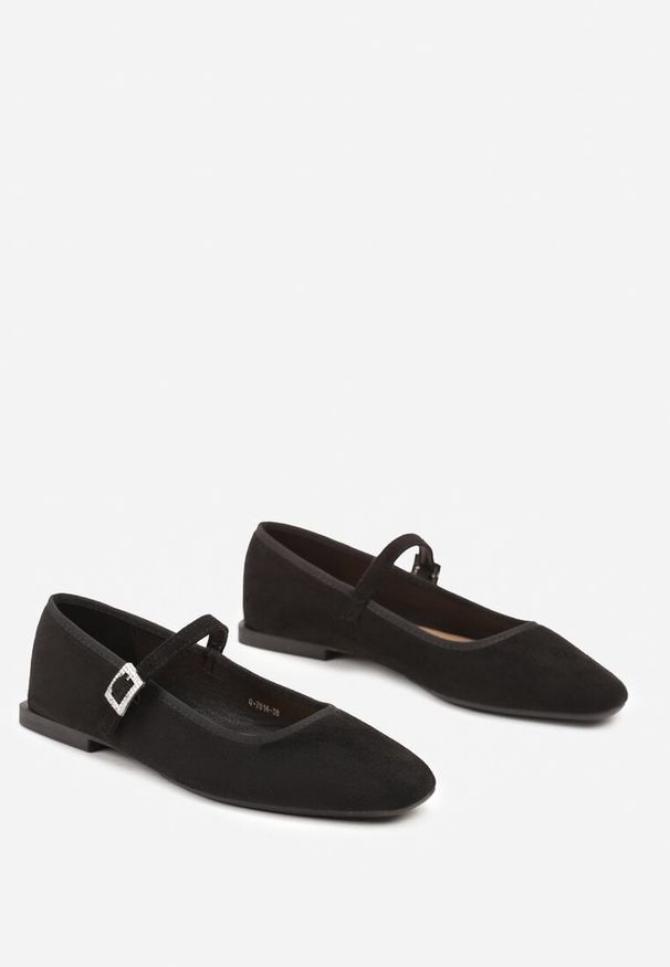 Born2be - Czarne Eleganckie Balerinki z Ekozamszu ze Sprzączką i Kwadratowym Noskiem Ivalune. Okazja: na co dzień. Zapięcie: sprzączka. Kolor: czarny. Materiał: jeans. Obcas: na płaskiej podeszwie. Styl: elegancki