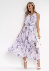 Born2be - Fioletowa Rozkloszowana Sukienka z Materiałowym Paskiem Evanagia. Kolor: fioletowy. Materiał: materiał #1