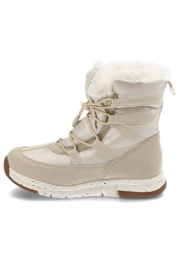 Big-Star - Śniegowce damskie Big Star, cholewka z materiału tekstylnego z ociepleniem i miękkim obszyciem przy krawędzi oraz sznurowaniem gruba podeszwa, beżowe. Okazja: na spacer. Kolor: beżowy. Materiał: syntetyk, materiał, skóra ekologiczna, futro. Szerokość cholewki: normalna. Wzór: aplikacja. Sezon: zima