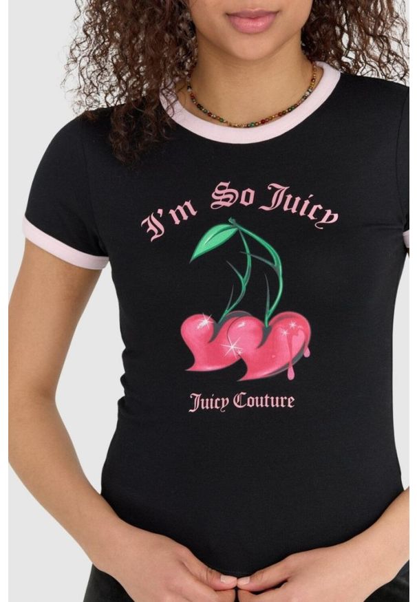 Juicy Couture - JUICY COUTURE Czarny t-shirt damski z wisienkami, Rozmiar S. Kolor: czarny
