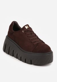 Born2be - Brązowe Sneakersy VICES na Grubej Tłoczonej Podeszwie Cheka. Okazja: na co dzień. Zapięcie: sznurówki. Kolor: brązowy. Materiał: jeans #6