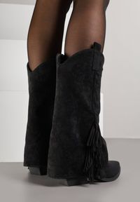 Renee - Czarne Botki Kowbojki na Stożku Ozdobione Frędzlami Reielle. Kolor: czarny. Materiał: jeans. Wzór: aplikacja. Obcas: na stożku. Styl: klasyczny. Wysokość obcasa: średni