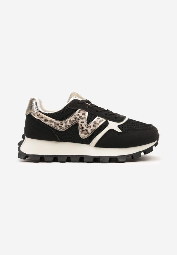 Born2be - Czarne Sneakersy na Podeszwie z Tłoczeniami Zdobione Wzorem w Panterkę Gonoria. Okazja: na co dzień. Nosek buta: okrągły. Kolor: czarny. Materiał: jeans. Szerokość cholewki: normalna. Wzór: aplikacja, motyw zwierzęcy