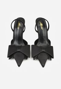 Renee - Czarne Sandały Satynowe na Szpilce Slingback Ozdobione Kokardą Daemoris. Okazja: na imprezę. Zapięcie: sprzączka. Kolor: czarny. Materiał: satyna. Wzór: aplikacja. Obcas: na szpilce. Styl: elegancki #3