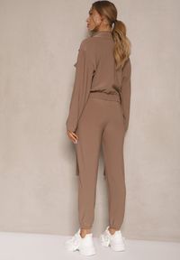 Renee - Brązowy Komplet Dresowy Utility Bluza Rozpinana i Spodnie z Kieszeniami Telinoria. Kolor: brązowy. Materiał: dresówka. Wzór: aplikacja #3