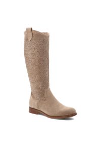 Kozaki damskie S.Barski, cholewka z materiału zapinane na suwak elegancki fason w stylu boho, beżowe, HY61-8022. Okazja: na co dzień. Kolor: beżowy. Szerokość cholewki: normalna. Wzór: geometria, ażurowy. Materiał: materiał. Sezon: jesień, lato, zima. Obcas: na obcasie. Styl: elegancki, boho. Wysokość obcasa: niski #1