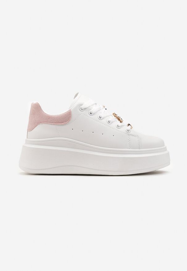 Renee - Biało-Różowe Sneakersy na Grubej Podeszwie Celessi. Kolor: biały. Materiał: jeans