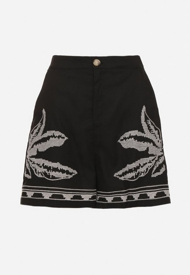 Born2be - Czarne Bawełniane Szorty z Wysokim Stanem Zdobione Haftem Filarassa. Okazja: na co dzień. Stan: podwyższony. Kolor: czarny. Materiał: bawełna. Wzór: aplikacja, haft. Styl: casual, elegancki, klasyczny