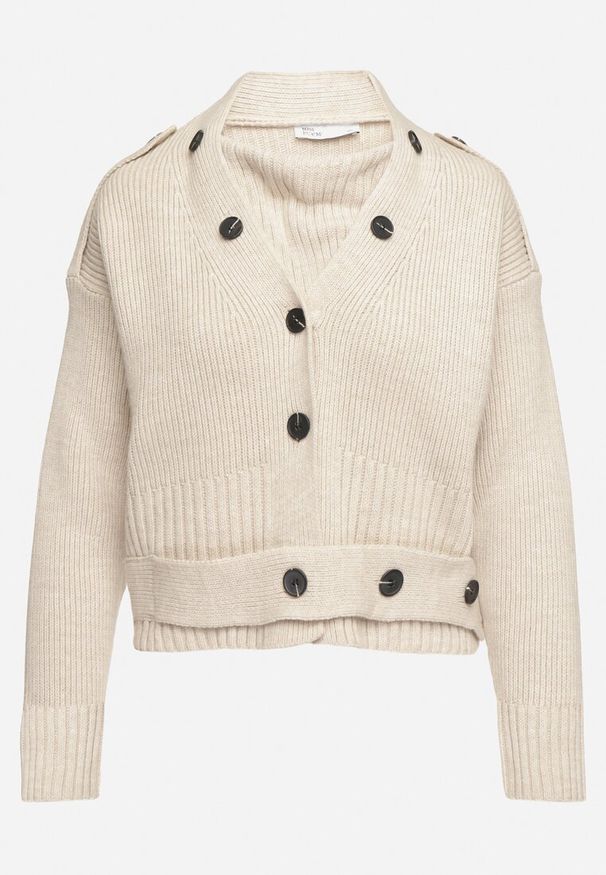 Born2be - Jasnobeżowy Kardigan o Klasycznym Kroju Zdobiony Paskiem z Guzikami Tilirae. Okazja: na co dzień, na spotkanie biznesowe. Kolor: beżowy. Materiał: jeans. Wzór: aplikacja. Styl: klasyczny