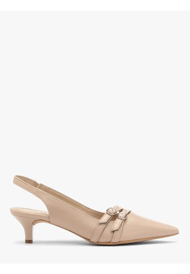 Ryłko - Beżowe czółenka slingback z ozdobnymi paskami. Zapięcie: pasek. Kolor: beżowy. Materiał: skóra. Szerokość cholewki: normalna. Obcas: na obcasie. Styl: street. Wysokość obcasa: średni