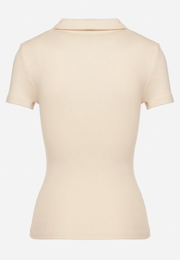 Born2be - Beżowy Bawełniany T-shirt Prążkowany Typu Polo z Guzikami Avelavia. Okazja: na co dzień. Typ kołnierza: polo. Kolor: beżowy. Materiał: bawełna, prążkowany. Styl: klasyczny, casual