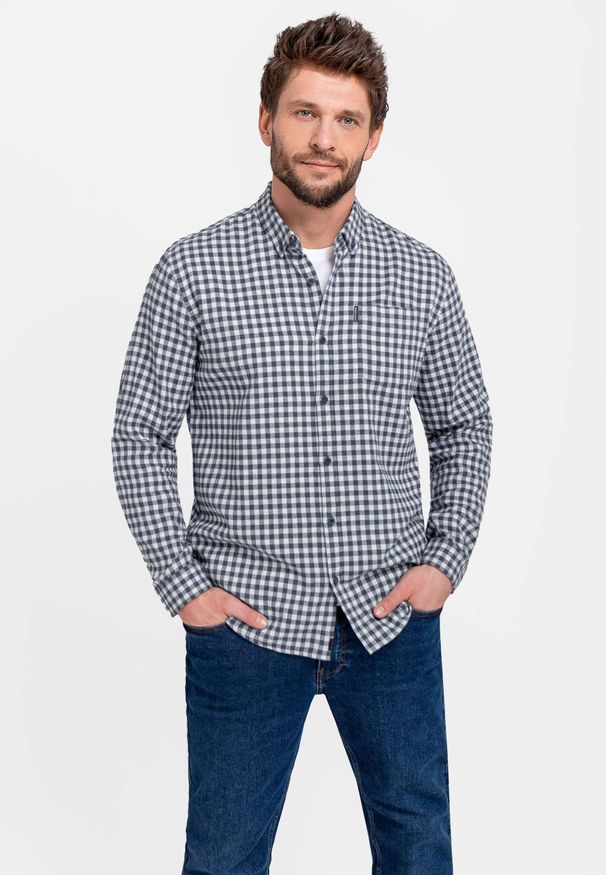 Volcano - Koszula męska, Regular Fit, K-HAINES. Okazja: na co dzień. Typ kołnierza: button down. Materiał: skóra, bawełna, materiał, tkanina. Wzór: kratka. Styl: klasyczny, casual