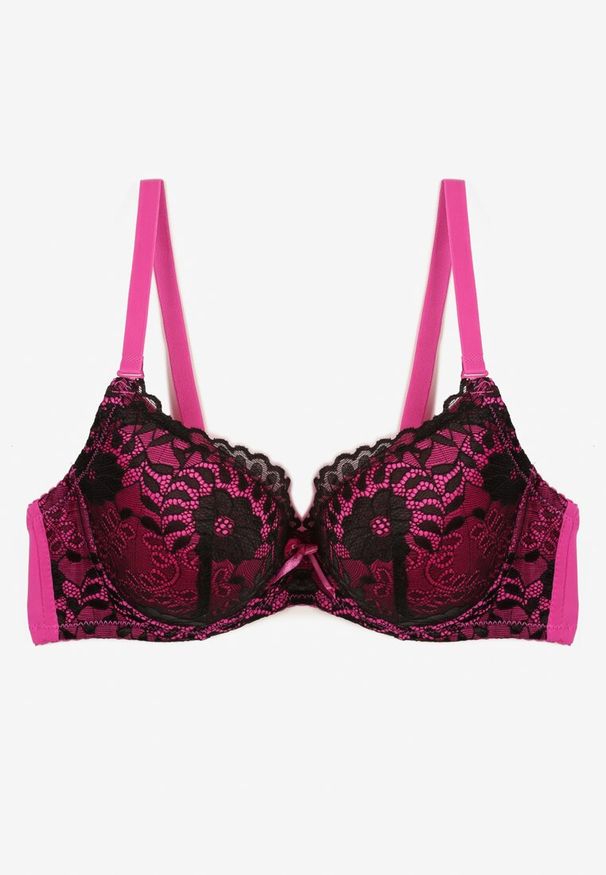 Born2be - Czarno-Fuksjowy Biustonosz z Motywem Kwiatowej Koronki Nelenor. Kolor: czarny. Materiał: koronka. Rodzaj stanika: odpinane ramiączka. Wzór: koronka, kwiaty