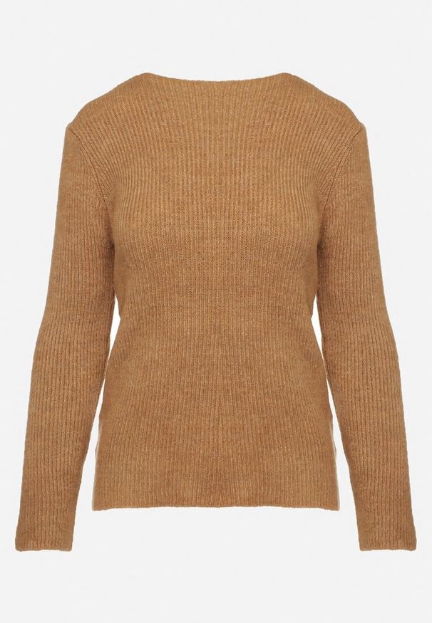 Born2be - Brązowy Sweter w Klasycznym Stylu z Dekoltem w Łódkę Zinvirra. Kolor: brązowy. Materiał: materiał. Sezon: zima. Styl: klasyczny