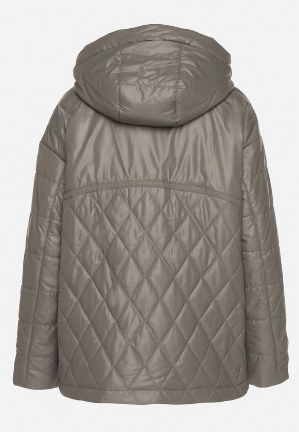 Born2be - Szara Kurtka Pikowana z Odpinanym Kapturem i Aplikacją Sarlia. Okazja: na co dzień. Kolor: zielony. Materiał: jeans. Wzór: aplikacja. Styl: sportowy, elegancki, casual