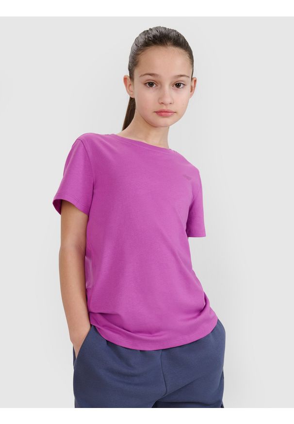 4f - 4F T-shirt regular gładki dziewczęcy - fioletowy 140 (9-10 lat). Okazja: na co dzień. Kolor: fioletowy. Materiał: dzianina, bawełna, jersey. Długość rękawa: krótki rękaw. Długość: krótkie. Wzór: gładki. Sezon: lato. Styl: klasyczny, sportowy, casual